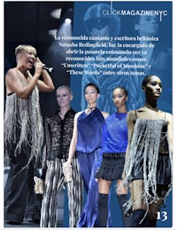 the cover of a fashion magazine with a woman in a blue dress and a man in a blue shirt
